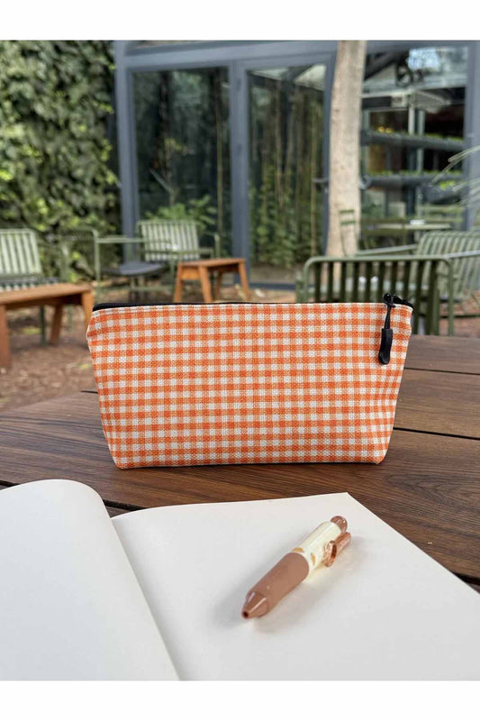 Turuncu Pötikare Kalemlik Yıkanabilir 22x12 Ölçülerinde Körüklü Makyaj Çantası