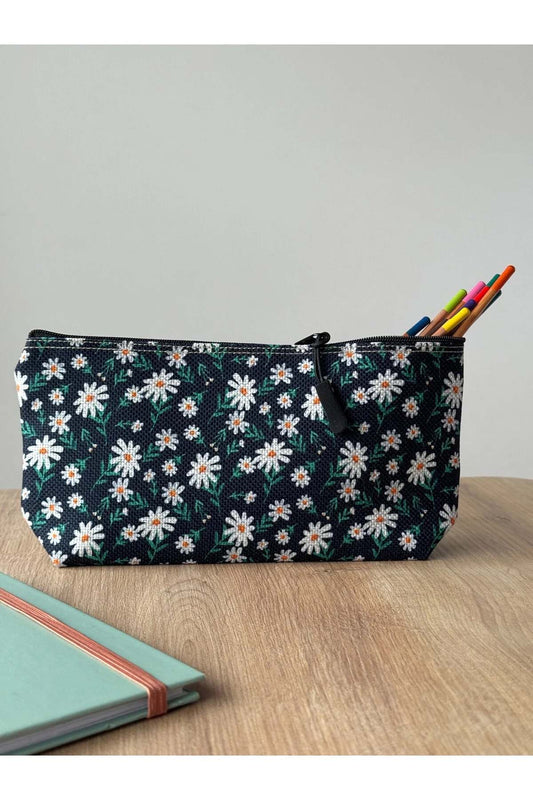 Papatya Desenli Kalemlik Yıkanabilir 22x12 Ölçülerinde Körüklü Makyaj Çantası