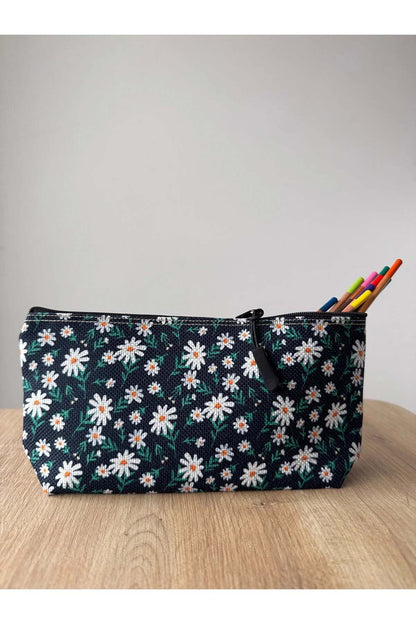 Papatya Desenli Kalemlik Yıkanabilir 22x12 Ölçülerinde Körüklü Makyaj Çantası