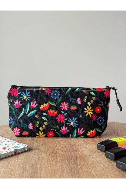 Çiçek Desenli Kalemlik Yıkanabilir 22x12 Ölçülerinde Körüklü Makyaj Çantası