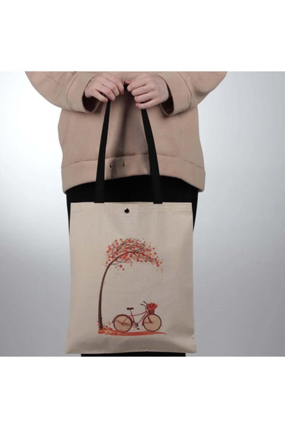 Sonbahar Bisiklet Tasarım Çıtçıtlı Kalın Kumaş Bez Çanta