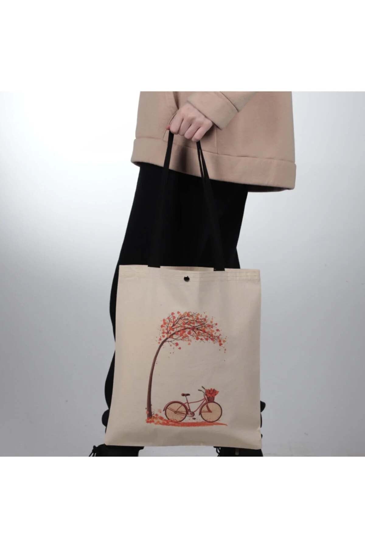 Sonbahar Bisiklet Tasarım Çıtçıtlı Kalın Kumaş Bez Çanta