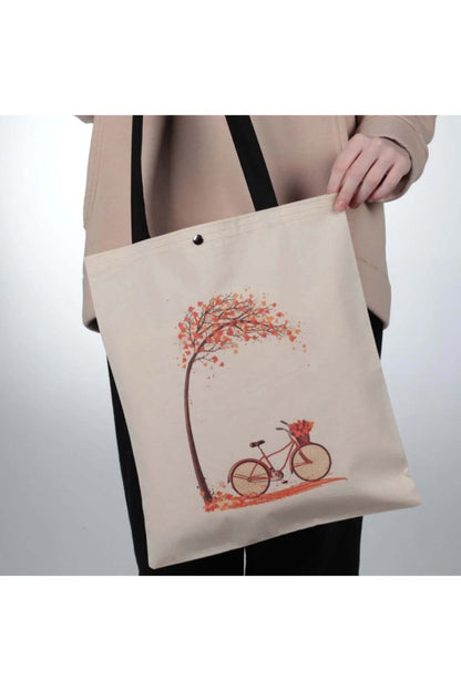 Sonbahar Bisiklet Tasarım Çıtçıtlı Kalın Kumaş Bez Çanta