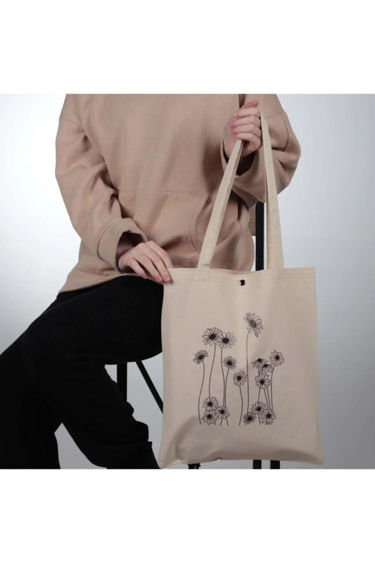 Siyah Papatya Çıtçıtlı Kalın Kumaş Bez Çanta