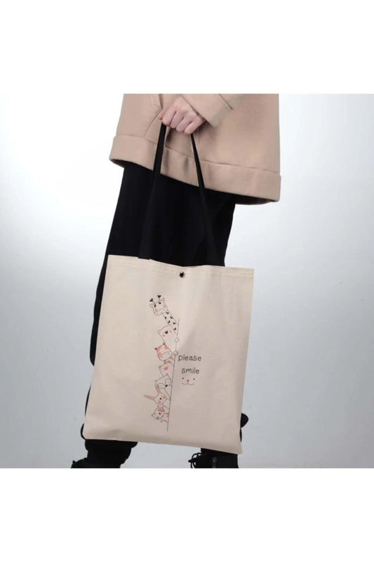 Please Smile Tasarım Çıtçıtlı Kalın Kumaş Bez Çanta
