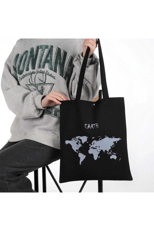 Dünya Haritalı Tasarım Çıtçıtlı Kalın Kumaş Çanta