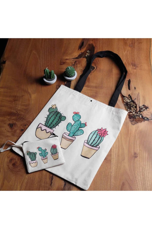 Çıtçıtlı Kalın Kumaş Kaktüs Tasarım Cüzdanlı Bez Çanta